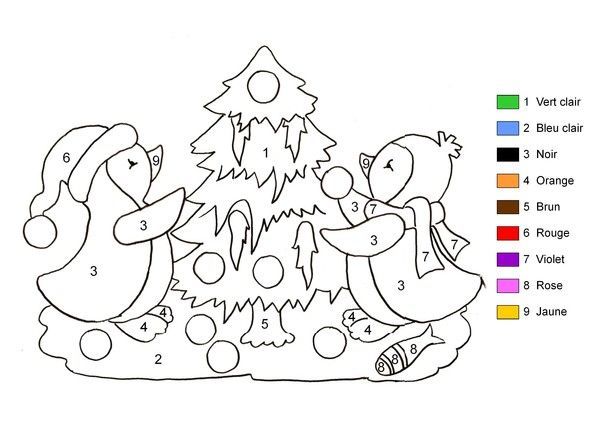 Coloriage magique - Pingouins et sapin de Noël